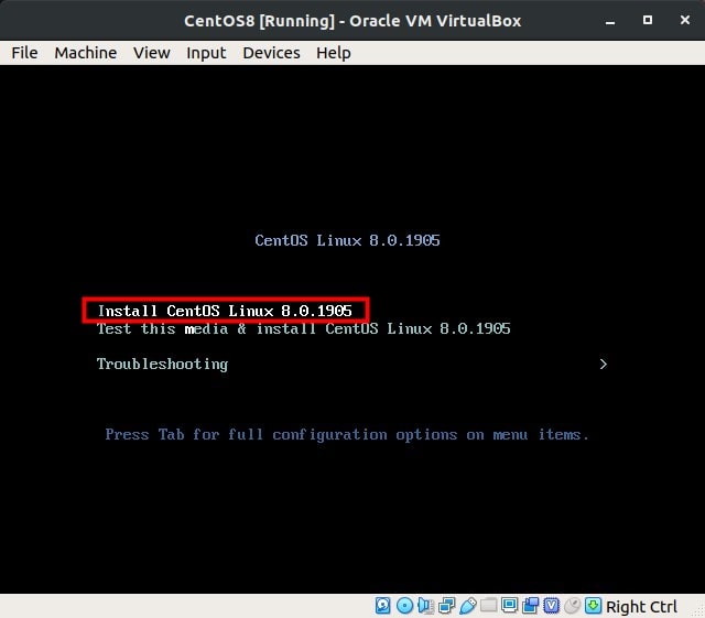 Boot menu install CentOS 8