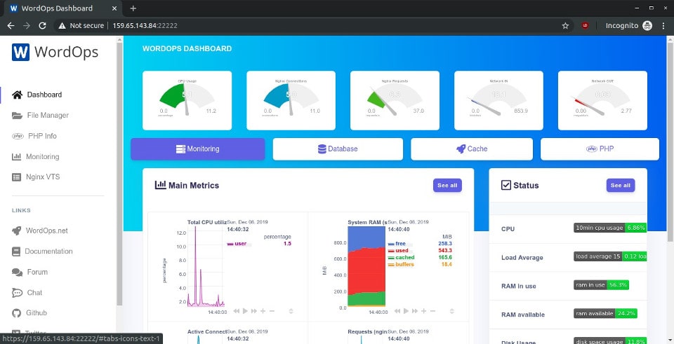 WordOps Dashboard