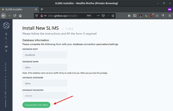 Install SLiMS 9 Bulian - Connection database OK