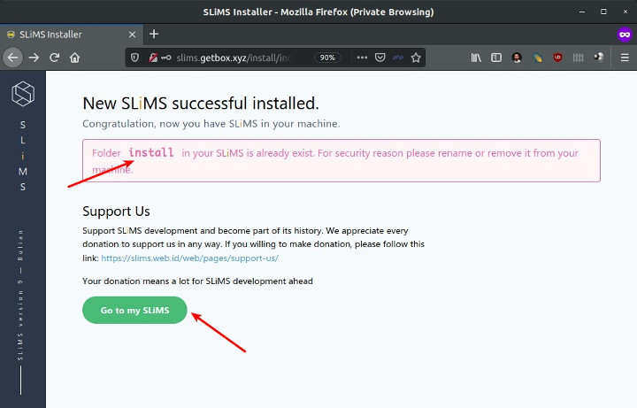 Install SLiMS 9 Bulian - SLiMS successful installed