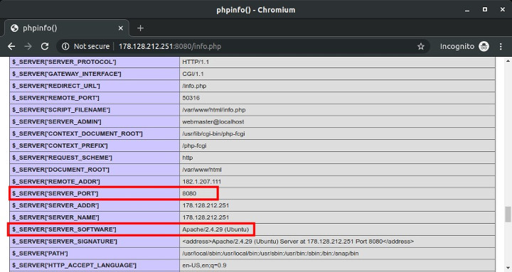 PHP Information - SERVER PORT dan SERVER SOFTWARE