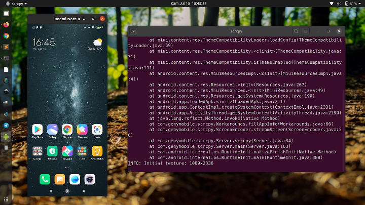 The Android screen appears on Ubuntu