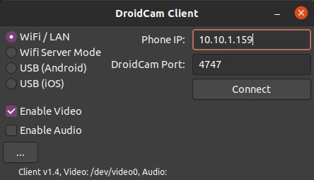 Aplikasi DroidCam Client di Ubuntu