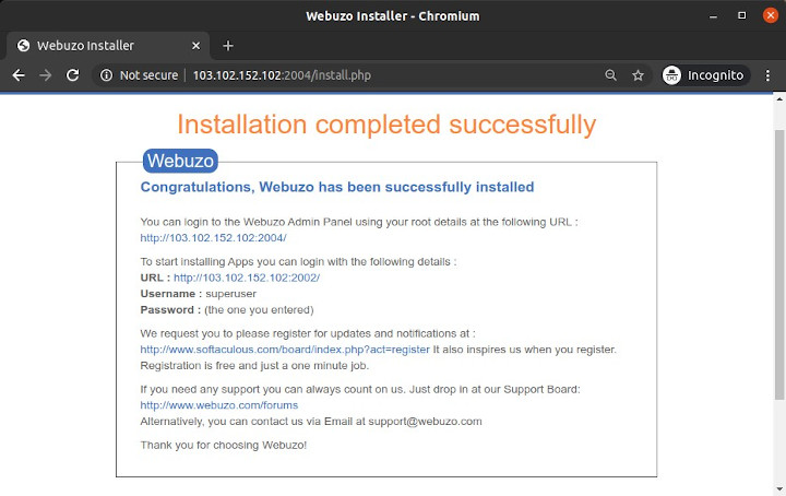 Webuzo installation completed