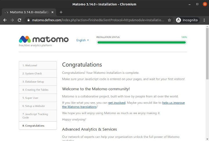 Matomo installation is completed