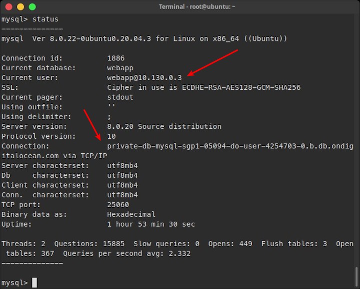 MySQL connection status via private network