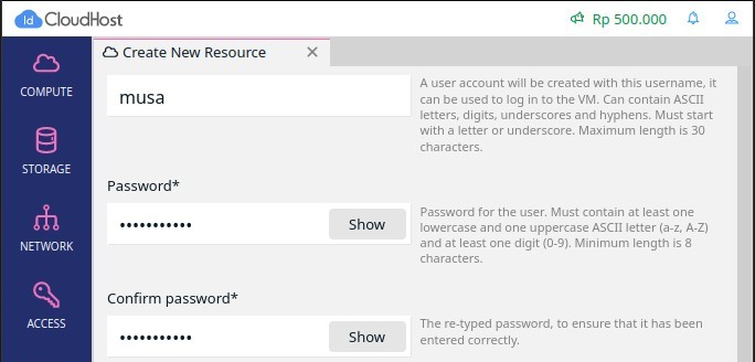 Masukkan username dan password untuk VPS