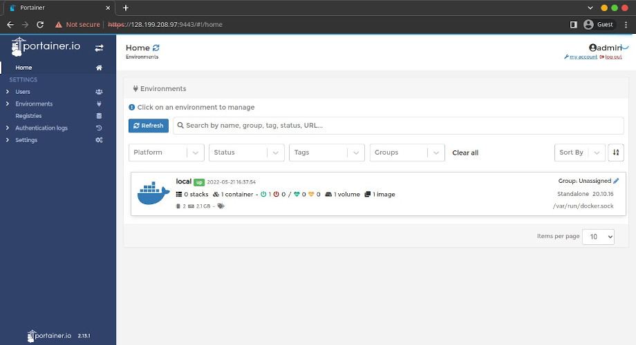 Portainer dashboard