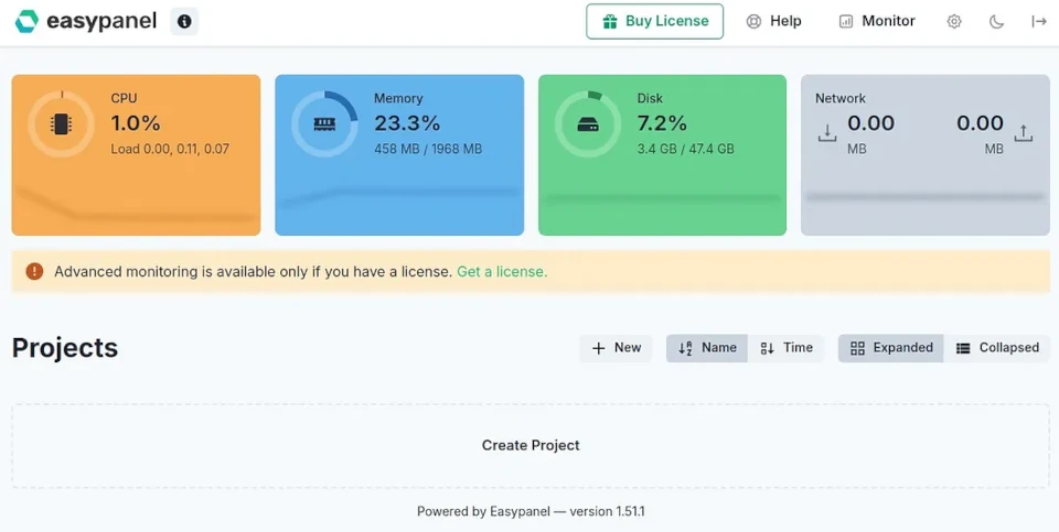 Easypanel dashboard